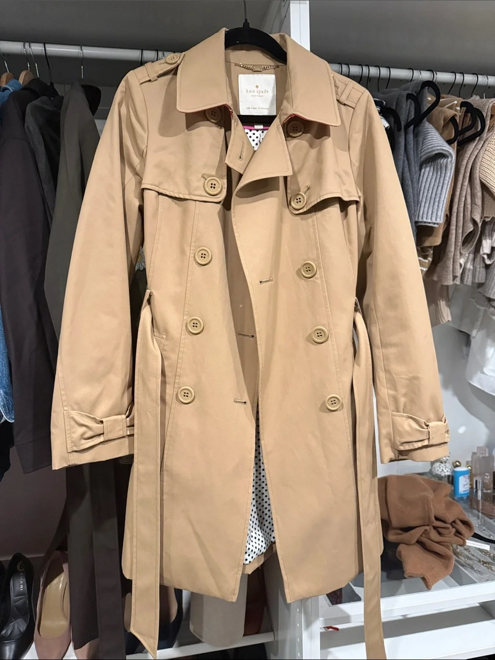 kate spade Tan Double-Breasted Trench with Waist Tie